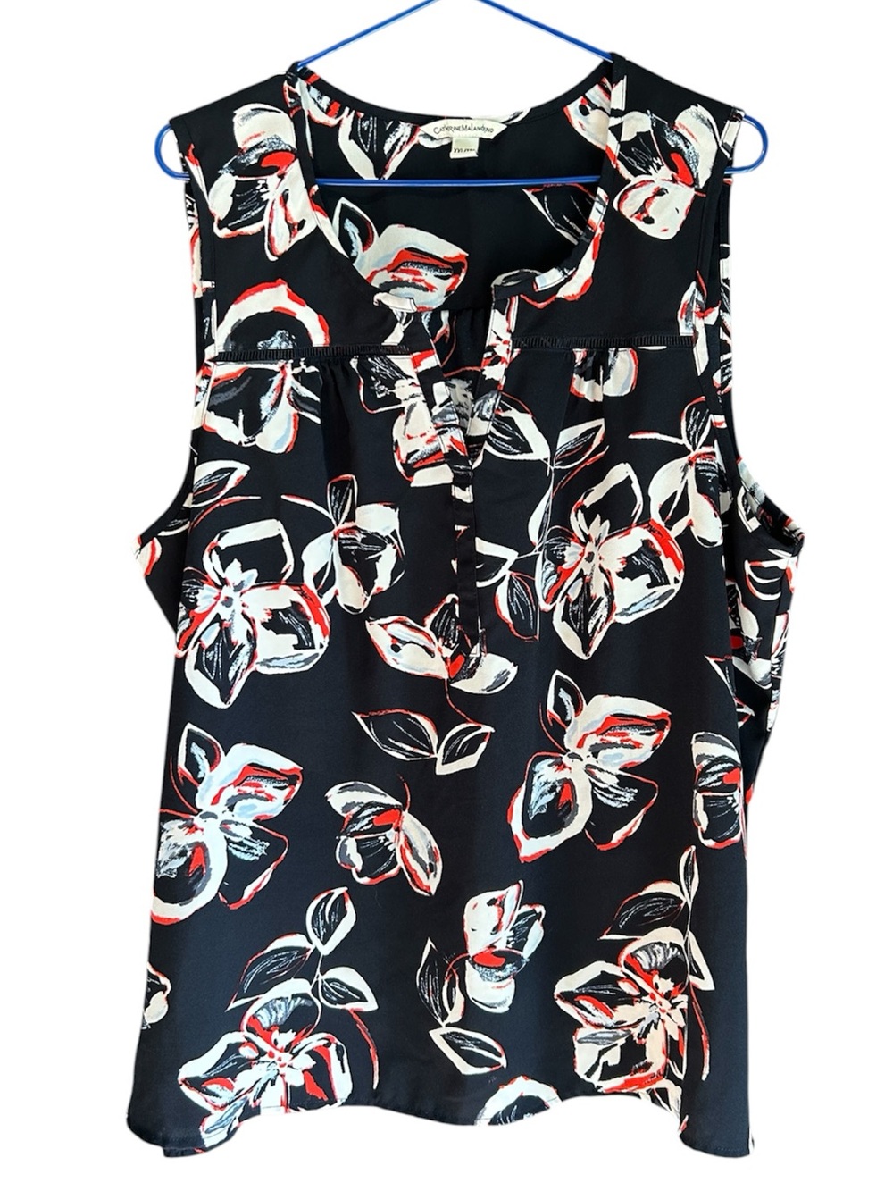 Catherine Malandrino Black Floral Sleeveless Blouse with White & Red Accents